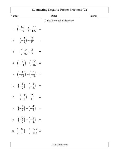 The Subtracting Negative Proper Fractions with Unlike Denominators Up to Twelfths, Proper Fraction Results and Some Simplifying (C) Math Worksheet