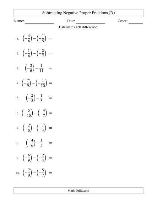 The Subtracting Negative Proper Fractions with Unlike Denominators Up to Twelfths, Proper Fraction Results and Some Simplifying (D) Math Worksheet