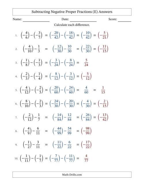 The Subtracting Negative Proper Fractions with Unlike Denominators Up to Twelfths, Proper Fraction Results and Some Simplifying (E) Math Worksheet Page 2