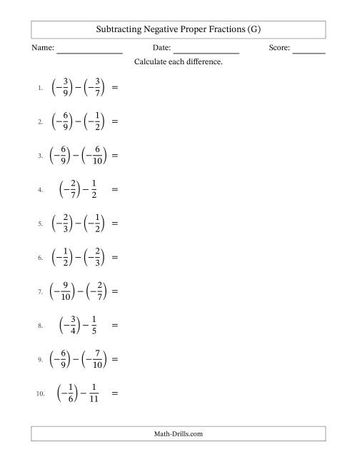 The Subtracting Negative Proper Fractions with Unlike Denominators Up to Twelfths, Proper Fraction Results and Some Simplifying (G) Math Worksheet