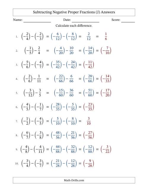 The Subtracting Negative Proper Fractions with Unlike Denominators Up to Twelfths, Proper Fraction Results and Some Simplifying (J) Math Worksheet Page 2
