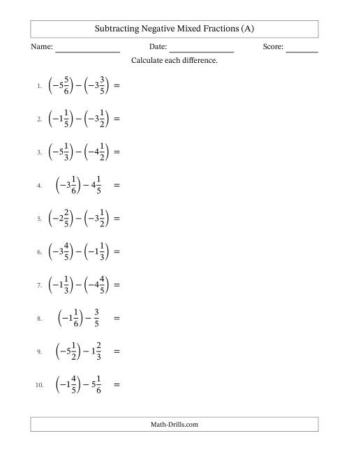 The Subtracting Negative Mixed Fractions with Unlike Denominators Up to Sixths, Mixed Fraction Results and No Simplifying (A) Math Worksheet