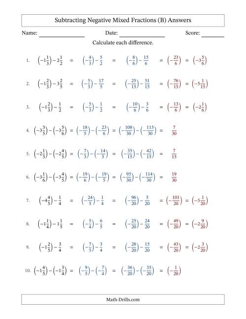 The Subtracting Negative Mixed Fractions with Unlike Denominators Up to Sixths, Mixed Fraction Results and No Simplifying (B) Math Worksheet Page 2