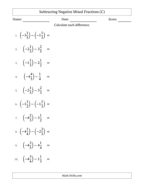 The Subtracting Negative Mixed Fractions with Unlike Denominators Up to Sixths, Mixed Fraction Results and No Simplifying (C) Math Worksheet