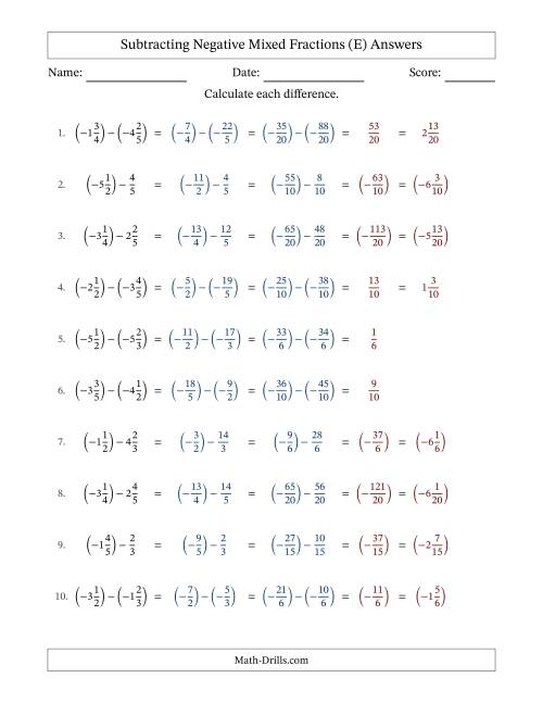 The Subtracting Negative Mixed Fractions with Unlike Denominators Up to Sixths, Mixed Fraction Results and No Simplifying (E) Math Worksheet Page 2