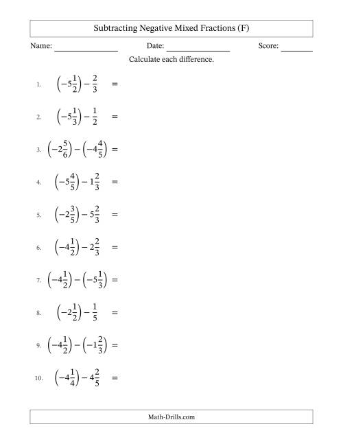The Subtracting Negative Mixed Fractions with Unlike Denominators Up to Sixths, Mixed Fraction Results and No Simplifying (F) Math Worksheet