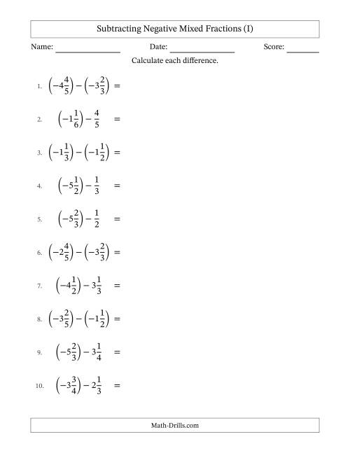 The Subtracting Negative Mixed Fractions with Unlike Denominators Up to Sixths, Mixed Fraction Results and No Simplifying (I) Math Worksheet