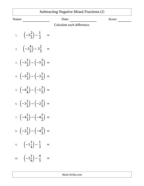 The Subtracting Negative Mixed Fractions with Unlike Denominators Up to Sixths, Mixed Fraction Results and No Simplifying (J) Math Worksheet