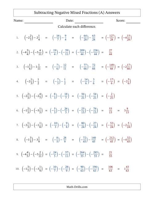 The Subtracting Negative Mixed Fractions with Unlike Denominators Up to Twelfths, Mixed Fraction Results and No Simplifying (A) Math Worksheet Page 2