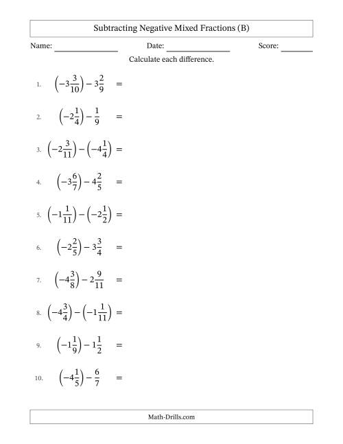 The Subtracting Negative Mixed Fractions with Unlike Denominators Up to Twelfths, Mixed Fraction Results and No Simplifying (B) Math Worksheet