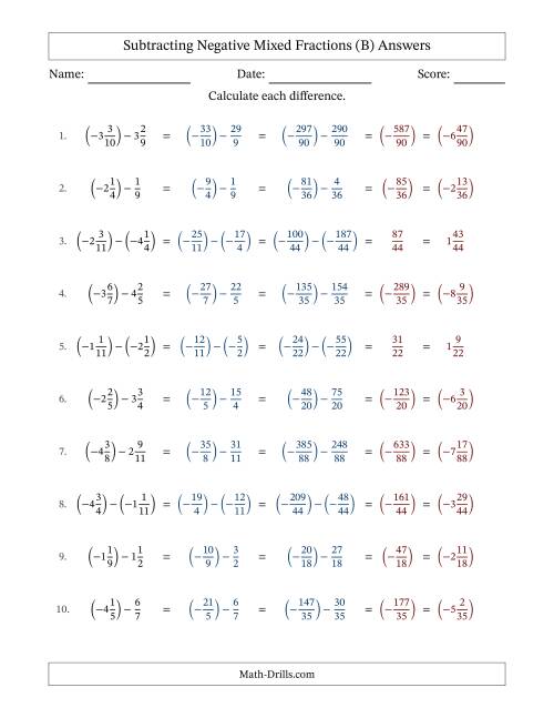 The Subtracting Negative Mixed Fractions with Unlike Denominators Up to Twelfths, Mixed Fraction Results and No Simplifying (B) Math Worksheet Page 2