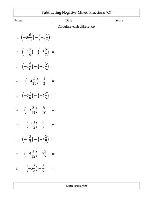 The Subtracting Negative Mixed Fractions with Unlike Denominators Up to Twelfths, Mixed Fraction Results and No Simplifying (C) Math Worksheet