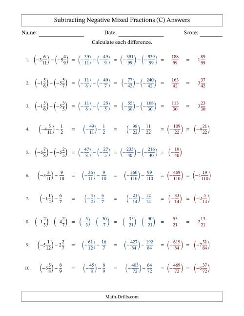 The Subtracting Negative Mixed Fractions with Unlike Denominators Up to Twelfths, Mixed Fraction Results and No Simplifying (C) Math Worksheet Page 2