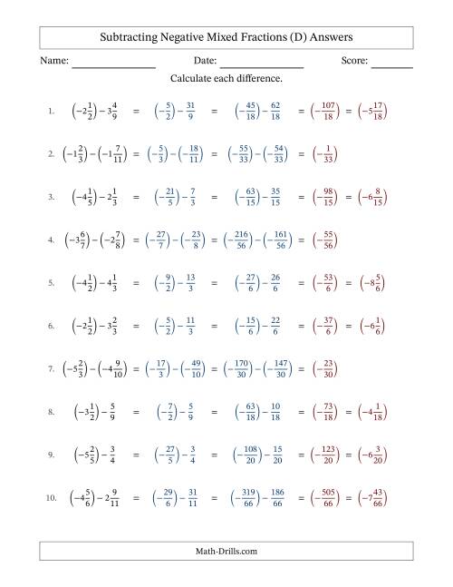 The Subtracting Negative Mixed Fractions with Unlike Denominators Up to Twelfths, Mixed Fraction Results and No Simplifying (D) Math Worksheet Page 2