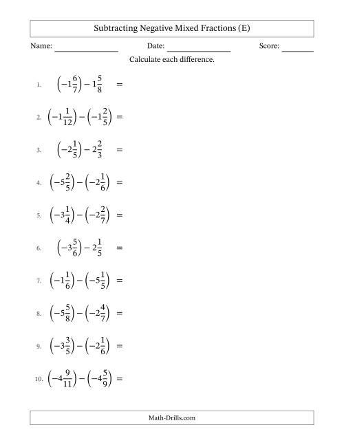 The Subtracting Negative Mixed Fractions with Unlike Denominators Up to Twelfths, Mixed Fraction Results and No Simplifying (E) Math Worksheet