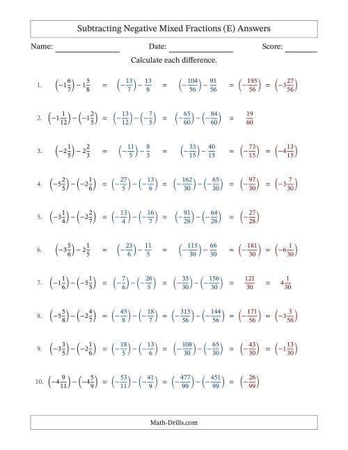 The Subtracting Negative Mixed Fractions with Unlike Denominators Up to Twelfths, Mixed Fraction Results and No Simplifying (E) Math Worksheet Page 2