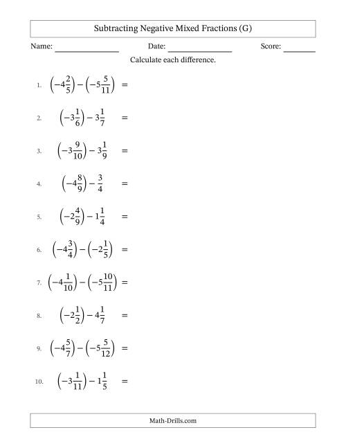 The Subtracting Negative Mixed Fractions with Unlike Denominators Up to Twelfths, Mixed Fraction Results and No Simplifying (G) Math Worksheet