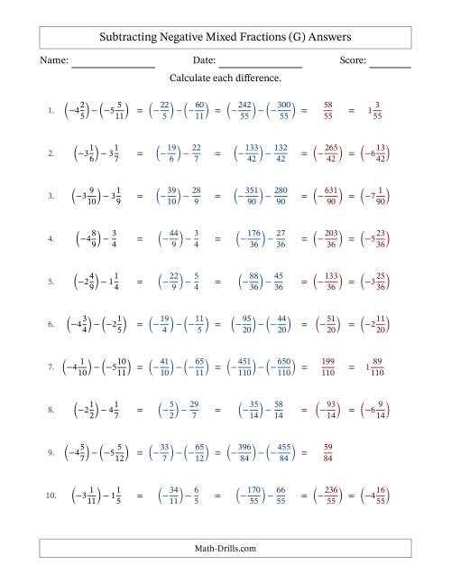 The Subtracting Negative Mixed Fractions with Unlike Denominators Up to Twelfths, Mixed Fraction Results and No Simplifying (G) Math Worksheet Page 2