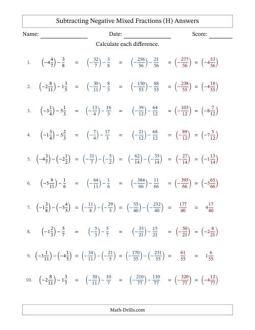 The Subtracting Negative Mixed Fractions with Unlike Denominators Up to Twelfths, Mixed Fraction Results and No Simplifying (H) Math Worksheet Page 2