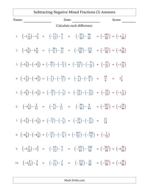 The Subtracting Negative Mixed Fractions with Unlike Denominators Up to Twelfths, Mixed Fraction Results and No Simplifying (I) Math Worksheet Page 2