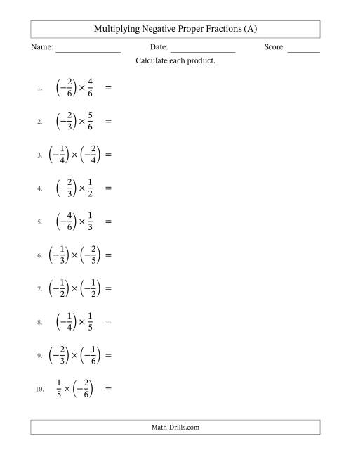 The Multiplying Negative Proper Fractions with Unlike Denominators Up to Sixths, Proper Fraction Results and Some Simplifying (A) Math Worksheet