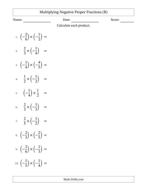 The Multiplying Negative Proper Fractions with Unlike Denominators Up to Sixths, Proper Fraction Results and Some Simplifying (B) Math Worksheet