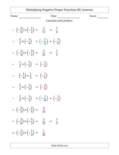 The Multiplying Negative Proper Fractions with Unlike Denominators Up to Sixths, Proper Fraction Results and Some Simplifying (B) Math Worksheet Page 2