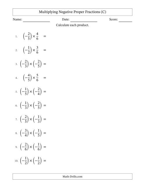The Multiplying Negative Proper Fractions with Unlike Denominators Up to Sixths, Proper Fraction Results and Some Simplifying (C) Math Worksheet