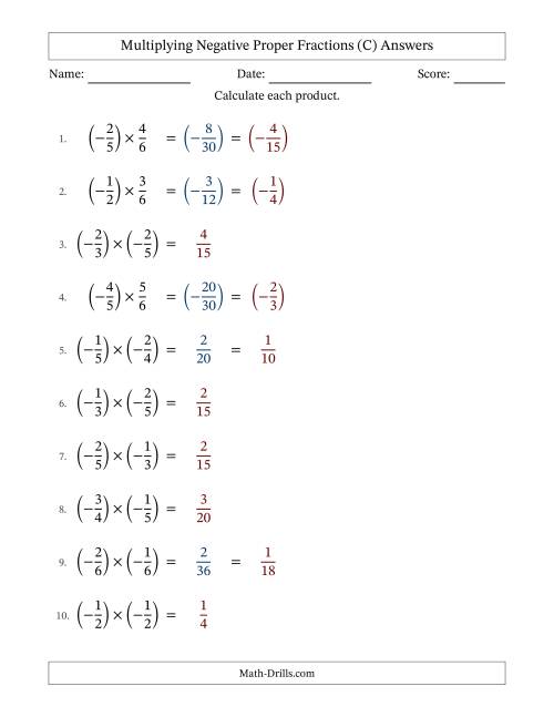 The Multiplying Negative Proper Fractions with Unlike Denominators Up to Sixths, Proper Fraction Results and Some Simplifying (C) Math Worksheet Page 2