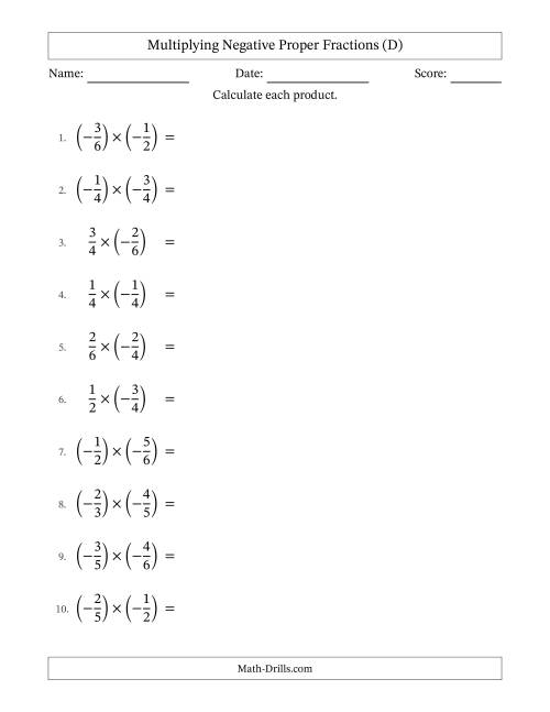 The Multiplying Negative Proper Fractions with Unlike Denominators Up to Sixths, Proper Fraction Results and Some Simplifying (D) Math Worksheet