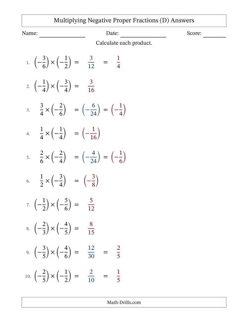 The Multiplying Negative Proper Fractions with Unlike Denominators Up to Sixths, Proper Fraction Results and Some Simplifying (D) Math Worksheet Page 2