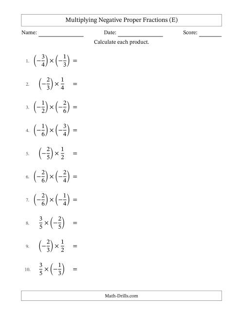 The Multiplying Negative Proper Fractions with Unlike Denominators Up to Sixths, Proper Fraction Results and Some Simplifying (E) Math Worksheet
