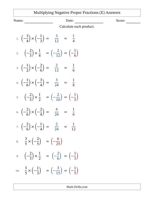 The Multiplying Negative Proper Fractions with Unlike Denominators Up to Sixths, Proper Fraction Results and Some Simplifying (E) Math Worksheet Page 2