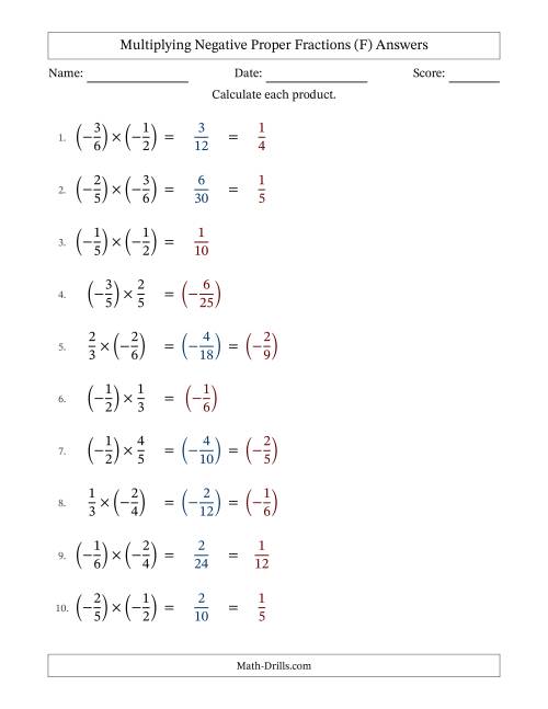 The Multiplying Negative Proper Fractions with Unlike Denominators Up to Sixths, Proper Fraction Results and Some Simplifying (F) Math Worksheet Page 2