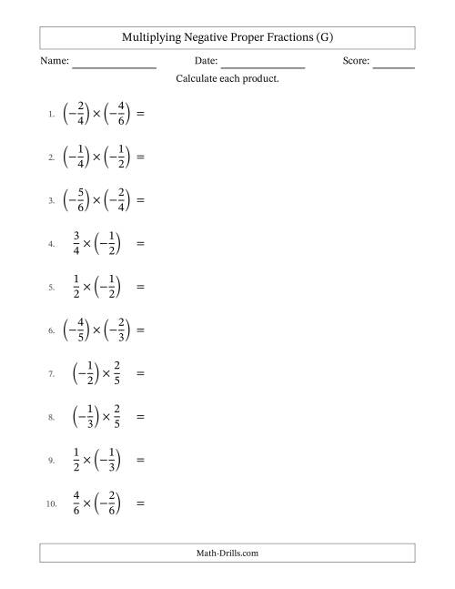 The Multiplying Negative Proper Fractions with Unlike Denominators Up to Sixths, Proper Fraction Results and Some Simplifying (G) Math Worksheet