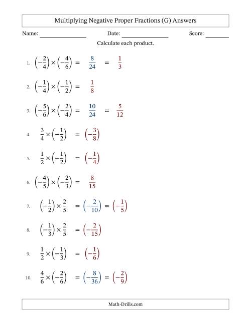 The Multiplying Negative Proper Fractions with Unlike Denominators Up to Sixths, Proper Fraction Results and Some Simplifying (G) Math Worksheet Page 2