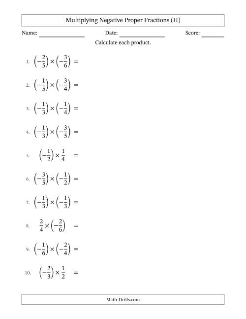 The Multiplying Negative Proper Fractions with Unlike Denominators Up to Sixths, Proper Fraction Results and Some Simplifying (H) Math Worksheet