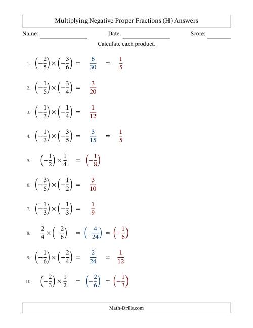 The Multiplying Negative Proper Fractions with Unlike Denominators Up to Sixths, Proper Fraction Results and Some Simplifying (H) Math Worksheet Page 2