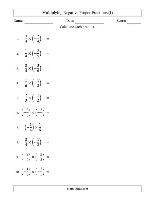 The Multiplying Negative Proper Fractions with Unlike Denominators Up to Sixths, Proper Fraction Results and Some Simplifying (I) Math Worksheet