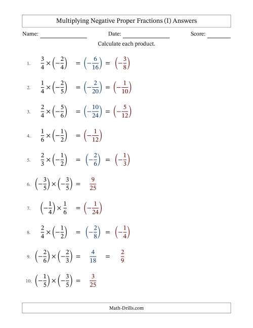 The Multiplying Negative Proper Fractions with Unlike Denominators Up to Sixths, Proper Fraction Results and Some Simplifying (I) Math Worksheet Page 2