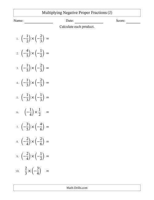 The Multiplying Negative Proper Fractions with Unlike Denominators Up to Sixths, Proper Fraction Results and Some Simplifying (J) Math Worksheet