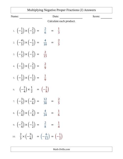 The Multiplying Negative Proper Fractions with Unlike Denominators Up to Sixths, Proper Fraction Results and Some Simplifying (J) Math Worksheet Page 2