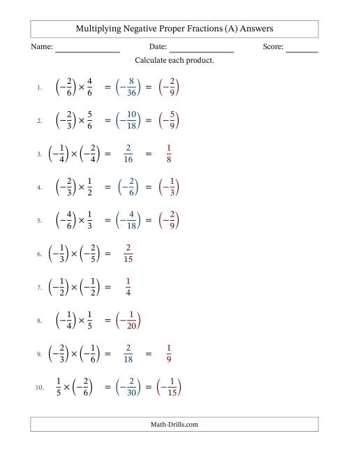 The Multiplying Negative Proper Fractions with Unlike Denominators Up to Sixths, Proper Fraction Results and Some Simplifying (All) Math Worksheet Page 2