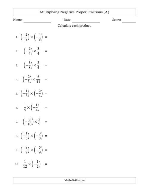 The Multiplying Negative Proper Fractions with Unlike Denominators Up to Twelfths, Proper Fraction Results and Some Simplifying (A) Math Worksheet