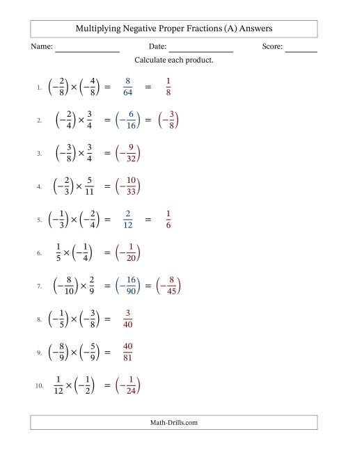 The Multiplying Negative Proper Fractions with Unlike Denominators Up to Twelfths, Proper Fraction Results and Some Simplifying (A) Math Worksheet Page 2
