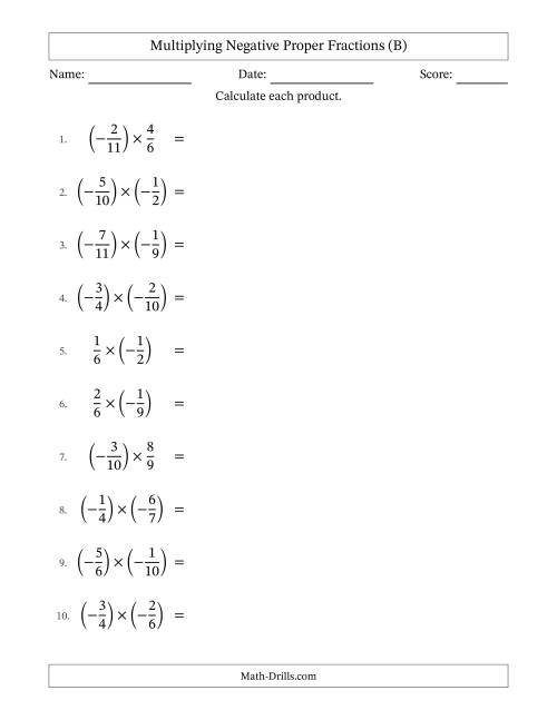 The Multiplying Negative Proper Fractions with Unlike Denominators Up to Twelfths, Proper Fraction Results and Some Simplifying (B) Math Worksheet