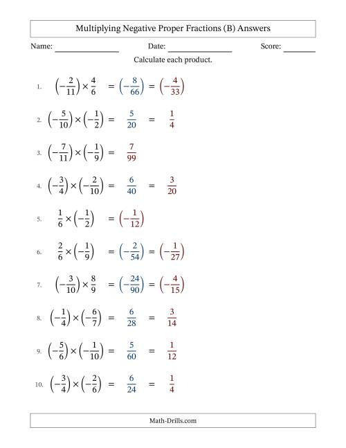 The Multiplying Negative Proper Fractions with Unlike Denominators Up to Twelfths, Proper Fraction Results and Some Simplifying (B) Math Worksheet Page 2