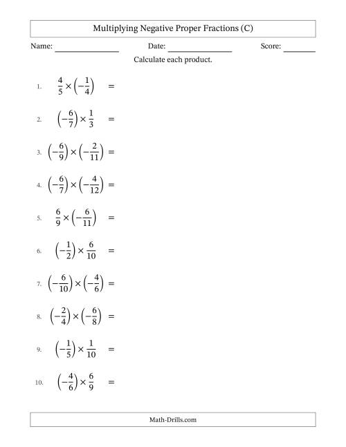 The Multiplying Negative Proper Fractions with Unlike Denominators Up to Twelfths, Proper Fraction Results and Some Simplifying (C) Math Worksheet