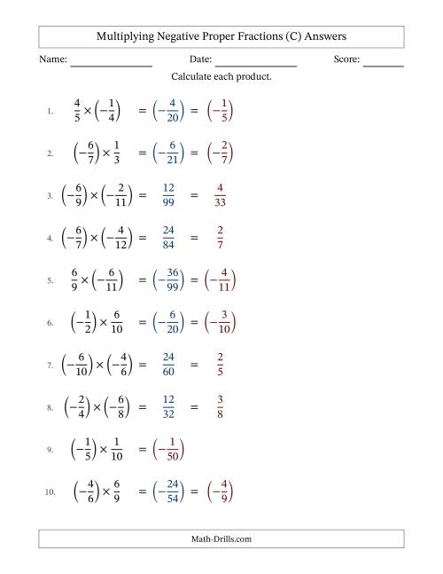 The Multiplying Negative Proper Fractions with Unlike Denominators Up to Twelfths, Proper Fraction Results and Some Simplifying (C) Math Worksheet Page 2