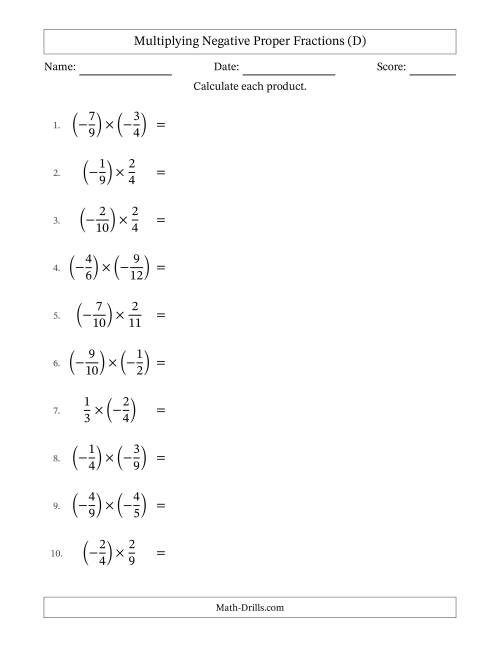 The Multiplying Negative Proper Fractions with Unlike Denominators Up to Twelfths, Proper Fraction Results and Some Simplifying (D) Math Worksheet